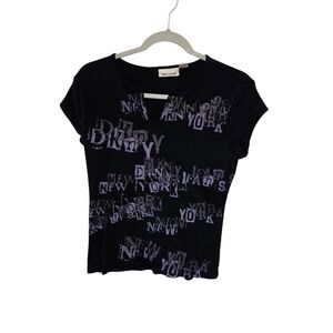 Y2K DKNY Jeans Black Graphic Print V Neck‎ Short Sleeve T Shirt Women's Size L